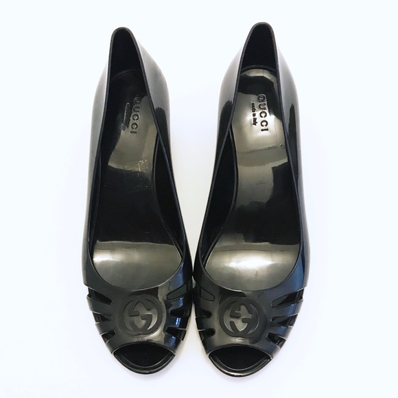 Gucci Shoes - Gucci Marola Black Peep Toe Jelly Wedge